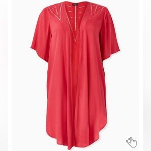 Torrid | Red 100% Rayon Crinkle Gauze Crochet Inset Longline Kimono Sz 1X/2X